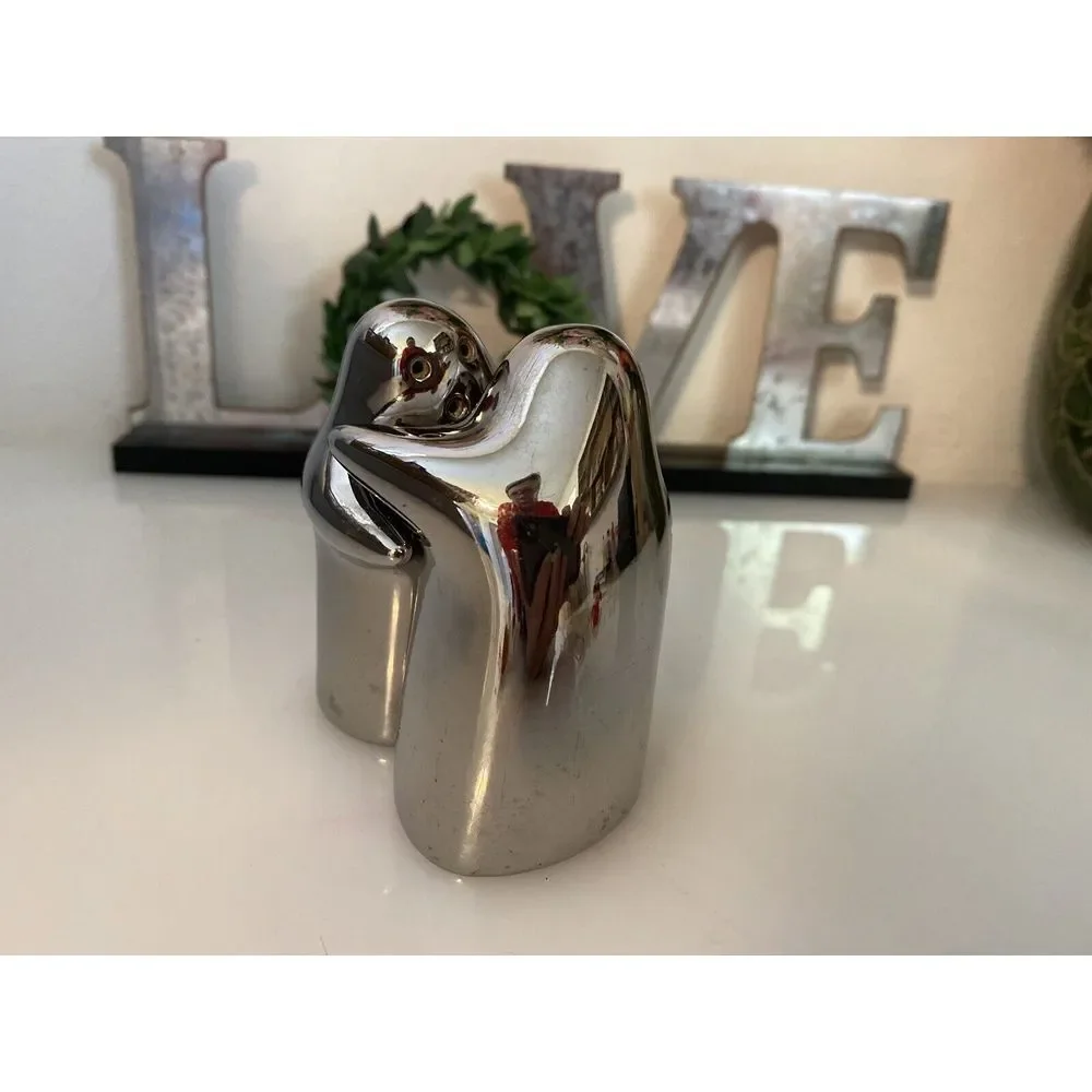 Hugging Ghost Salt‎ and Pepper Shakers Set w Stopers Chrome  Mercury Glass Style